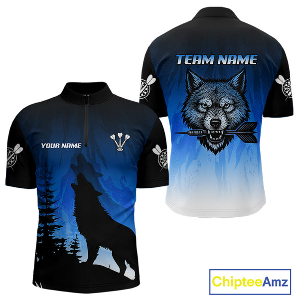 Custom Blue Night Wolf Dart Team Quarter-Zip Shirts For Men, Wolf Darts Jerseys NYN0112