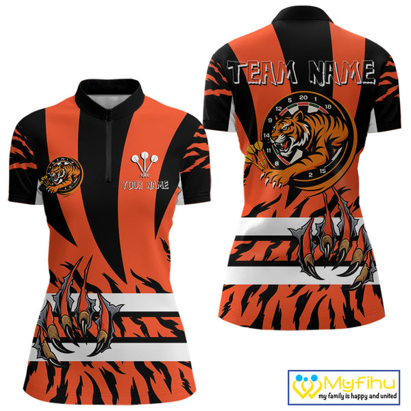 Custom Black And Orange Tiger Dart Team Jerseys, Tiger Dart Quarter-Zip Shirt For Women NYN0479
