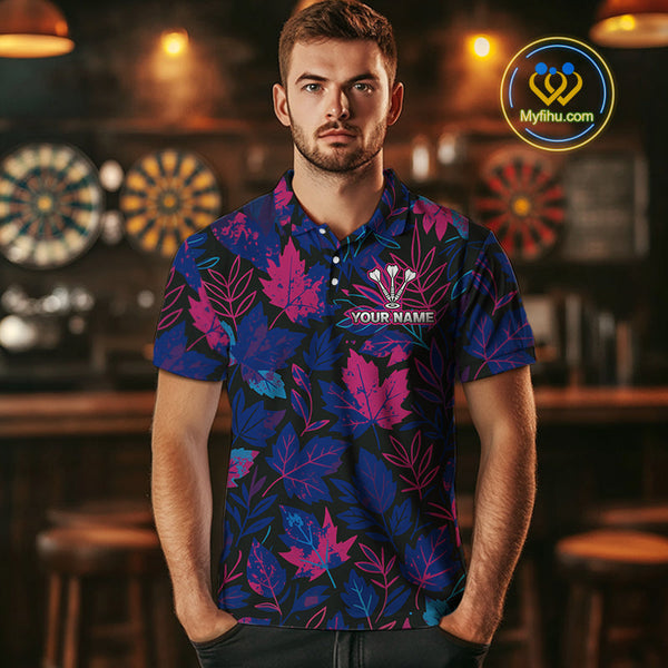 Custom Blue And Purple Leaf Pattern Angry Bull Dart Polo Shirt For Men, Dart Jersey NYN0486