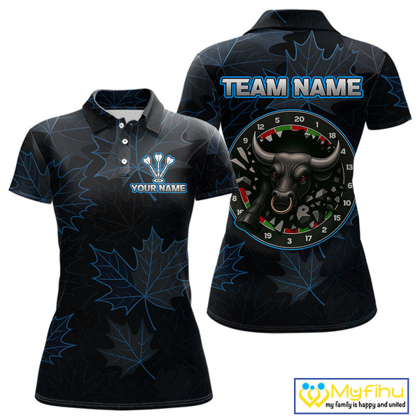 Custom Blue Leaf Pattern Angry Bull Dart Polo Shirt For Women, Dart Jersey NYN0487