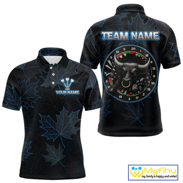Custom Blue Leaf Pattern Angry Bull Dart Polo Shirt For Men, Dart Jersey NYN0487