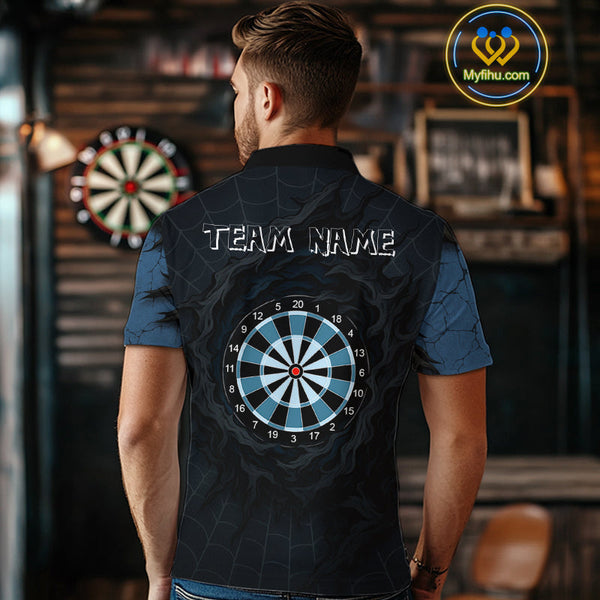 Custom Black And Blue Spider Web Dart Team Polo Shirt For Men, Halloween Dart Outfit NYN0496