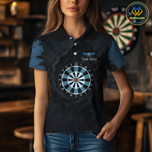 Custom Black And Blue Spider Web Dart Team Polo Shirt For Women, Halloween Dart Outfit NYN0496