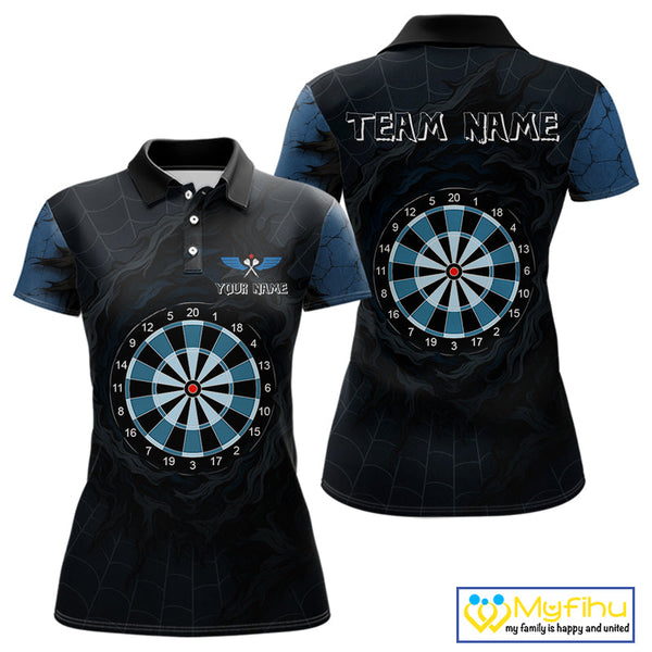 Custom Black And Blue Spider Web Dart Team Polo Shirt For Women, Halloween Dart Outfit NYN0496