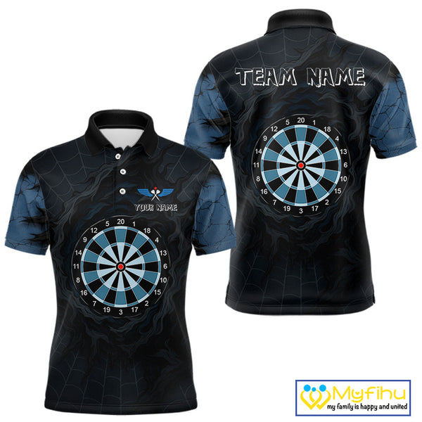 Custom Black And Blue Spider Web Dart Team Polo Shirt For Men, Halloween Dart Outfit NYN0496