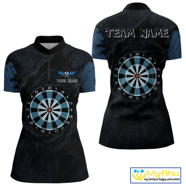 Custom Black And Blue Spider Web Dart Team Women Quarter-Zip Shirt, Halloween Dart Outfit NYN0496
