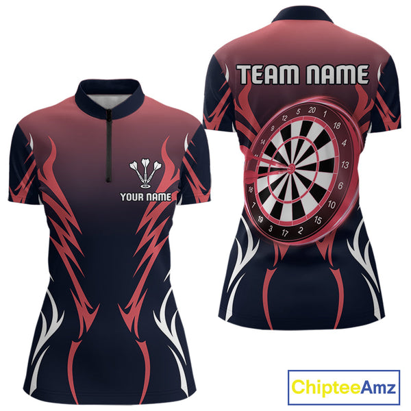 Custom Black And Red Dartboard Dart Quarter-Zip Shirts For Women, Dart Tournament Shirt NYN0247