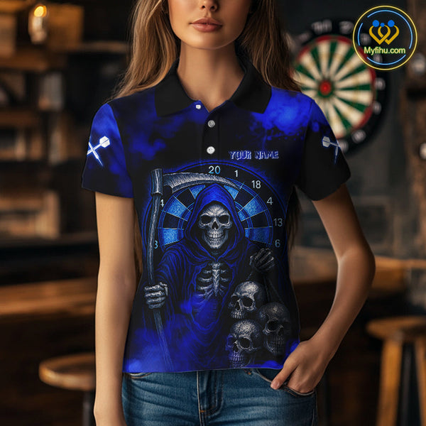 Custom Blue Smoke Grim Reaper Skull Dart Polo Shirt For Women, Halloween Dart Outfit NYN0501