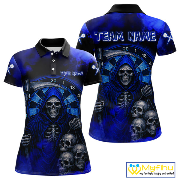 Custom Blue Smoke Grim Reaper Skull Dart Polo Shirt For Women, Halloween Dart Outfit NYN0501