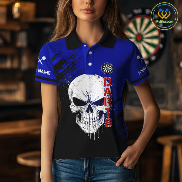 Custom Black, Red And Blue Skull Dart Polo Shirt For Women, Skull Dart Jerseys NYN0505
