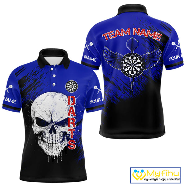 Custom Black, Red And Blue Skull Dart Polo Shirt For Men, Skull Dart Jerseys NYN0505