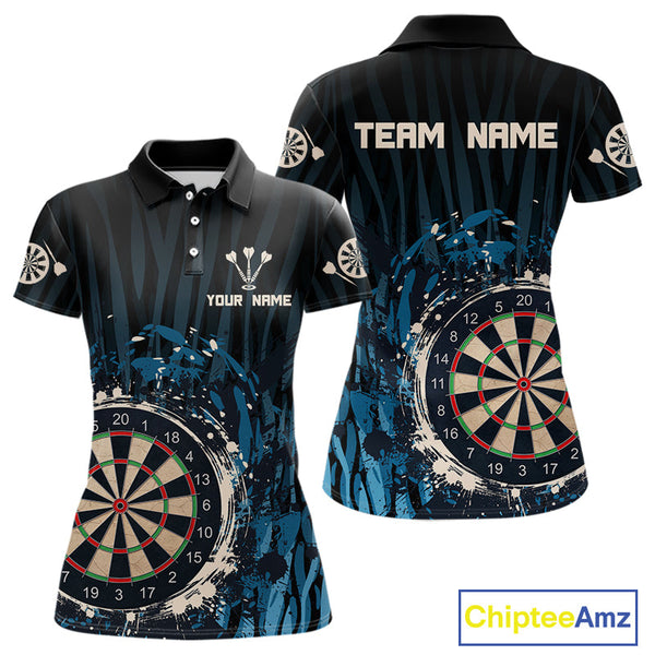 Custom Black And Blue Vintage Dart Polo Shirts For Women, Retro Dart Team Shirt NYN0255