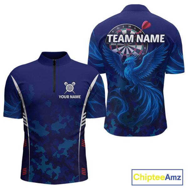 Custom Blue Camo Phoenix Dart Quarter-Zip Shirts For Men, Dart Tournament Team Shirt NYN0263