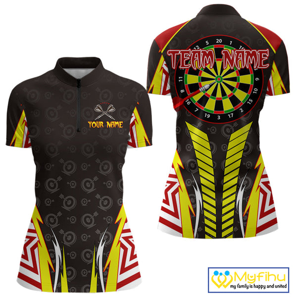 Custom Yellow And Red Dartboard Pattern Dart Quarter-Zip Shirt For Women, Dart Jerseys NYN0527