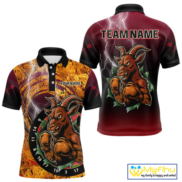 Custom Fire Flame Thunder Lightning Angry Goat Dart Men Polo Shirt, Dart Team Shirt NYN0534