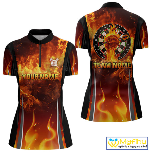 Custom Fire Flame Strong Dart Team Quarter-Zip Shirt For Women, Dart Jerseys NYN0546