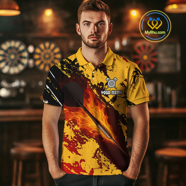 Custom Black And Yellow Fire Flame Darts Team Polo Shirts For Men, Dart Gifts NYN0290