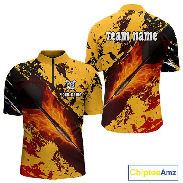 Custom Black And Yellow Fire Flame Darts Team Quarter-Zip Shirts For Men, Dart Gifts NYN0290