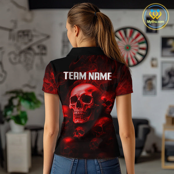 Custom Black And Red Smoke Flame Skull Dart Women Polo Shirt, Halloween Dart Team Outfit NYN0572