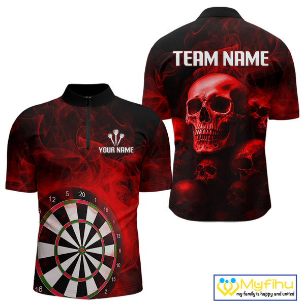 Custom Black And Red Smoke Flame Skull Dart Men Quarter-Zip Shirt, Halloween Dart Team Outfit NYN0572
