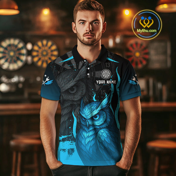 Custom Black And Blue Owl Dart Team Men Polo Shirts, Owl Dart Jerseys NYN0305