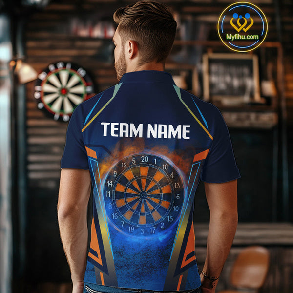Custom Blue And Orange Smoke Flame Dart Team Polo Shirts For Men, Vintage Dart Shirt NYN0312