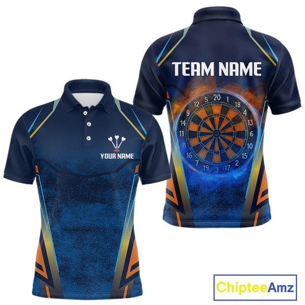Custom Blue And Orange Smoke Flame Dart Team Polo Shirts For Men, Vintage Dart Shirt NYN0312