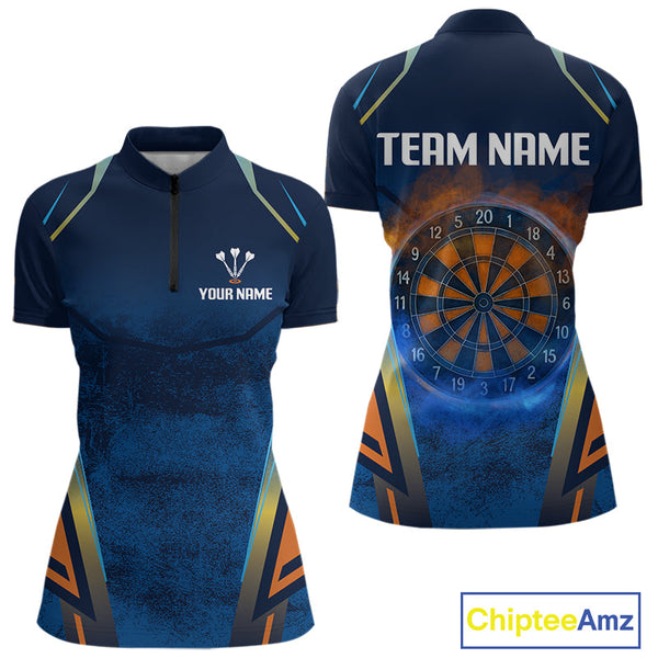 Custom Blue And Orange Smoke Flame Dart Team Women Quarter-Zip Shirts, Vintage Dart Shirt NYN0312