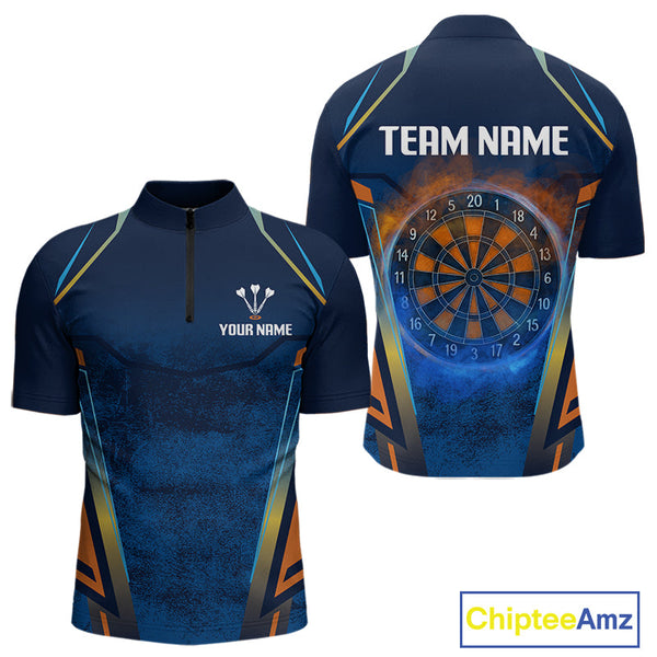 Custom Blue And Orange Smoke Flame Dart Team Quarter-Zip Shirts For Men, Vintage Dart Shirt NYN0312