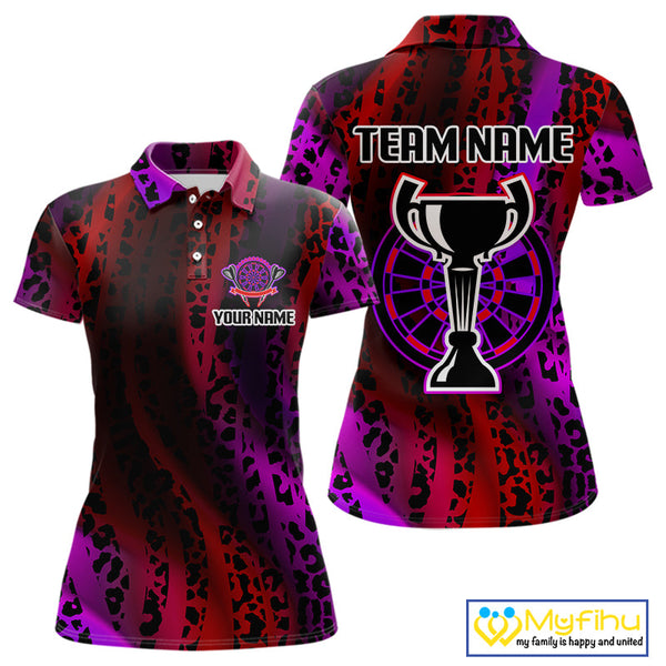 Custom Red And Purple Leopard Pattern Print Dart Trophy Polo Shirts For Women, Team Shirt NYN0322