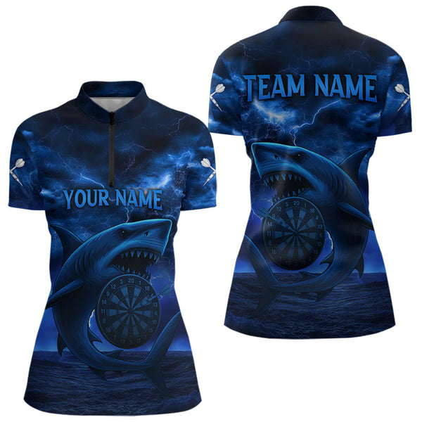 Custom Blue Thunder Lightning Storm Shark Dart Team Women Quarter-Zip Shirts With Name NYN0330