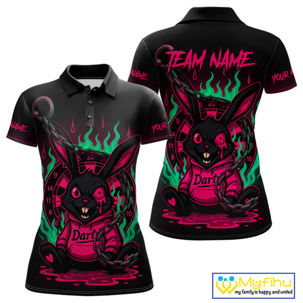 Custom Green And Pink Flame Funny Rabbit Dart Polo Shirt For Women, Dart Jersey NYN0593
