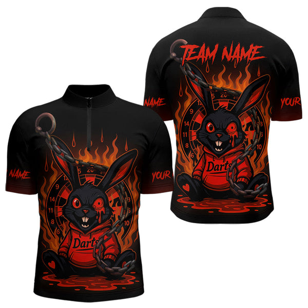 Custom Black And Orange Flame Funny Rabbit Dart Quarter-Zip Shirt For Men, Dart Jersey NYN0594