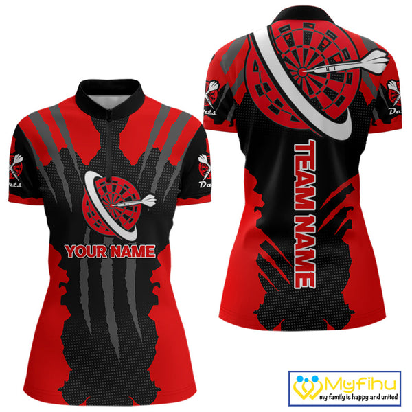 Custom Black And Red Dart Jerseys, Dart Team Women Quarter-Zip Shirt Dart League Shirt NYN0339
