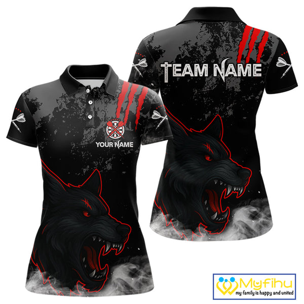 Custom Black And Red Smoke Wolf Dart Polo Shirts For Women, Dart Team League Shirt NYN0353