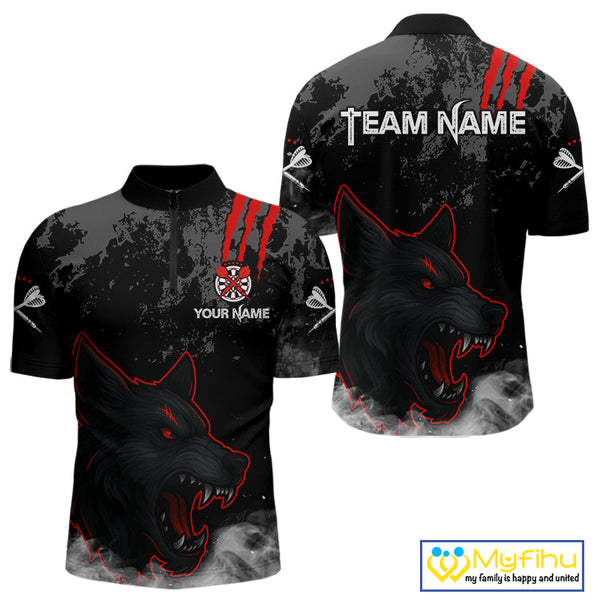 Custom Black And Red Smoke Wolf Dart Quarter-Zip Shirts For Men, Dart Team League Shirt NYN0353