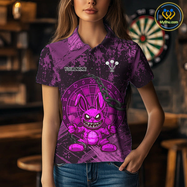 Custom Grunge Black And Pink Angry Rabbit Dart Team Women Polo Shirt, Dart Jerseys NYN0630