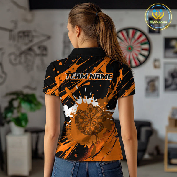 Custom Orange Paint Splash Dartboard Polo Shirt For Women, Artistic Dart League Shirt NYN0648