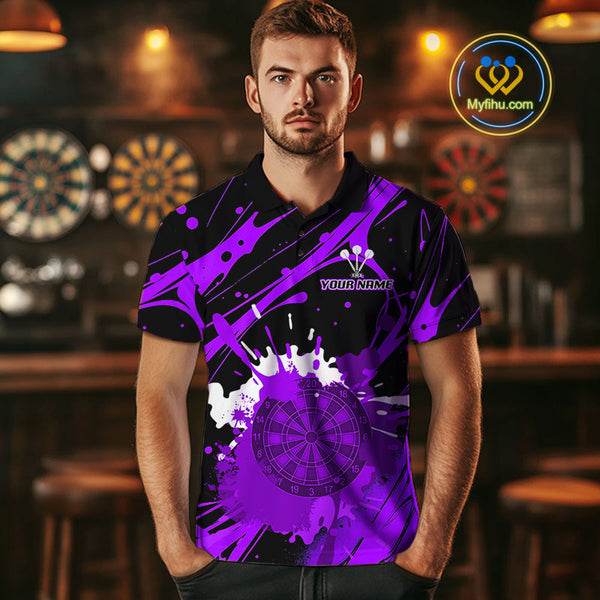 Custom Purple Paint Splash Dartboard Polo Shirt For Men, Artistic Dart League Shirt NYN0649