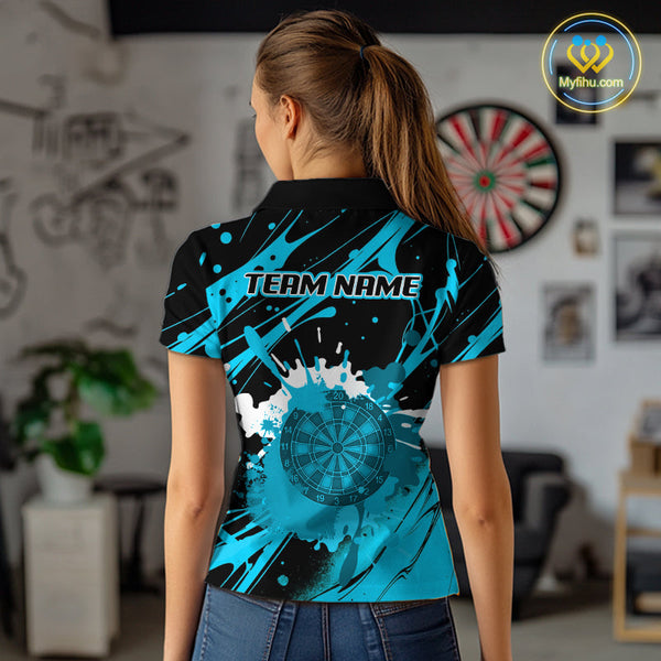 Custom Blue Paint Splash Dartboard Polo Shirt For Women, Artistic Dart League Shirt NYN0650