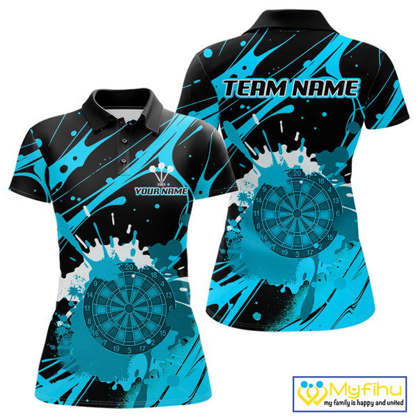Custom Blue Paint Splash Dartboard Polo Shirt For Women, Artistic Dart League Shirt NYN0650