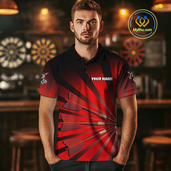 Custom Red Black Burst Effect Donkey Dartboard Darts Polo Shirts For Men, Dart Jerseys NYN0671