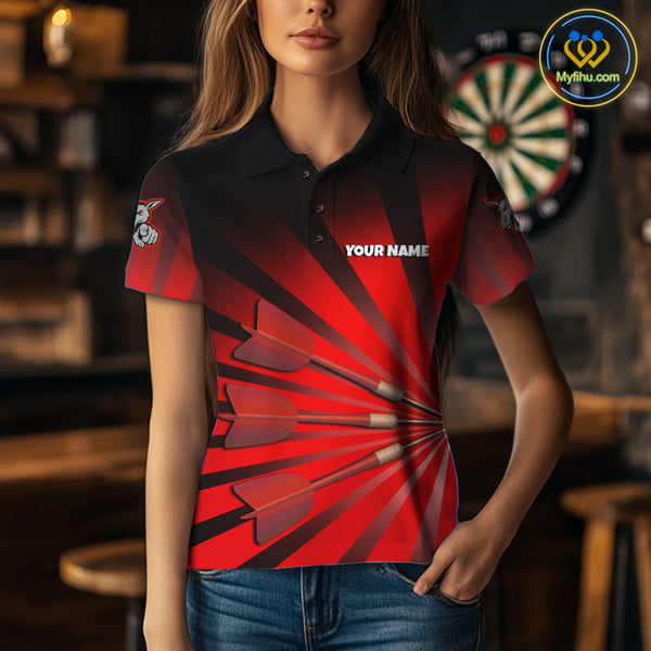 Custom Red Black Burst Effect Donkey Dartboard Darts Polo Shirts For Women, Dart Jerseys NYN0671