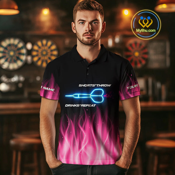 Custom Black Pink Neon Flame American Flag Dartboard Polo Shirts For Men, Dart Jerseys NYN0676