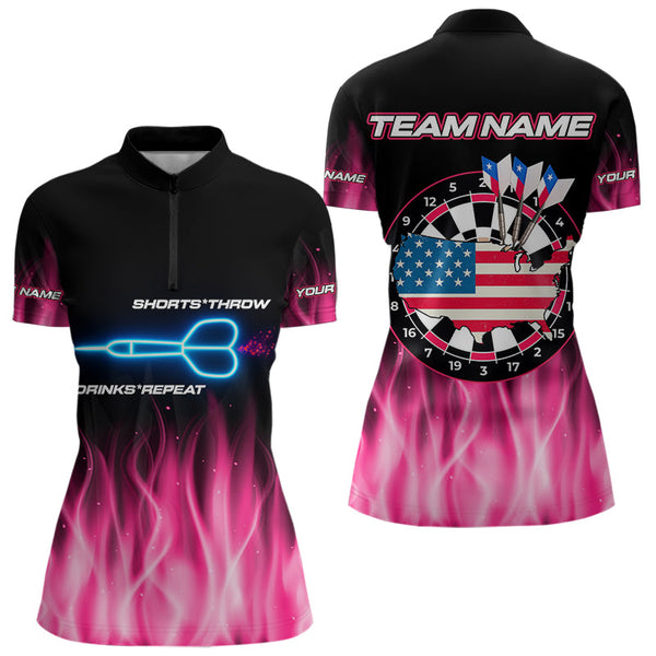 Custom Black Pink Neon Flame American Flag Dartboard Women Quarter-Zip Shirt, Dart Jerseys NYN0676