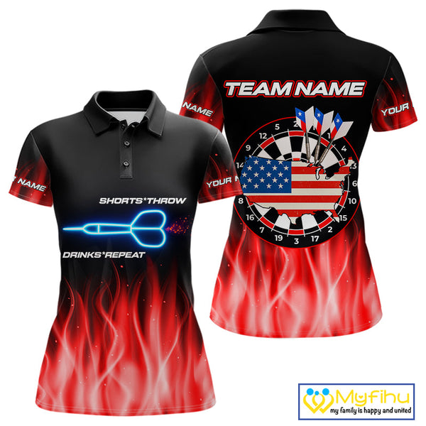 Custom Red Flame US Flag Dartboard Women Polo Shirt, Patriotic Dart League Shirt NYN0677
