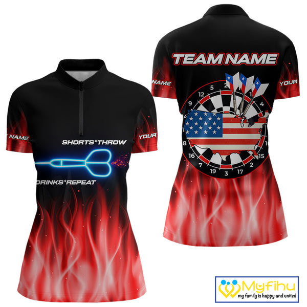 Custom Red Flame US Flag Dartboard Women Quarter-Zip Shirt, Patriotic Dart League Shirt NYN0677