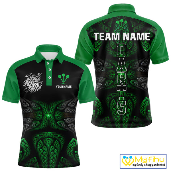 Custom Black And Green Tribal Pattern Dart Team Men Polo Shirt, Dart Jersey NYN0432