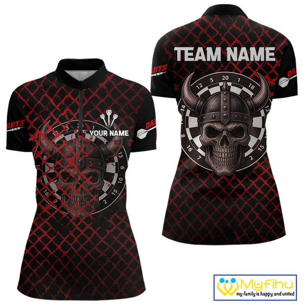 Custom Black Warrior Skull With Horn Dart Team Quarter-Zip Shirt For Women, Dart Jersey NYN0436