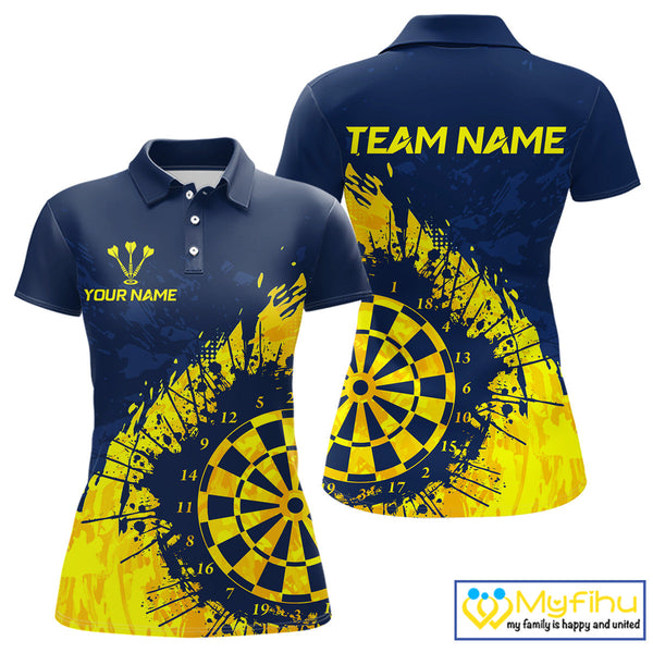 Custom Navy Blue And Yellow Splash Dartboard Dart Women Polo Shirt, Team Dart Jerseys NYN0689
